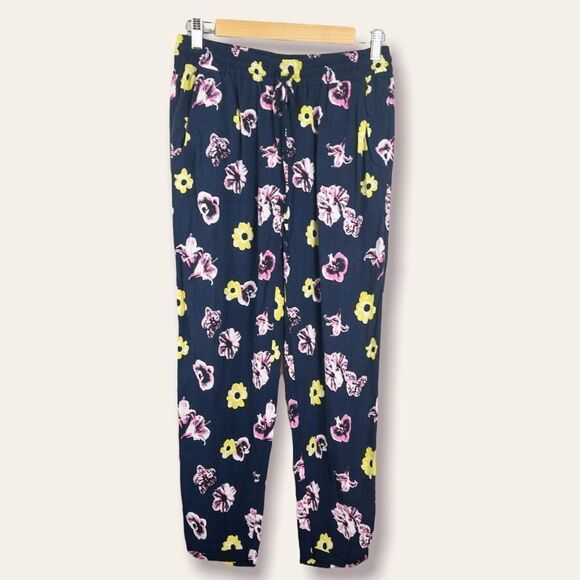 𝅺J Crew Factory Womens Size 4 Blue Floral Soft Pull On Pants Cuffed Lightweight - Picture 1 of 8